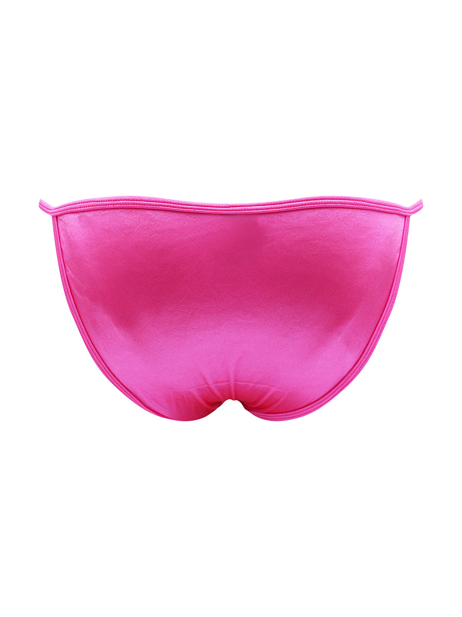 Back view of a hot pink satin bikini brief against a white background.