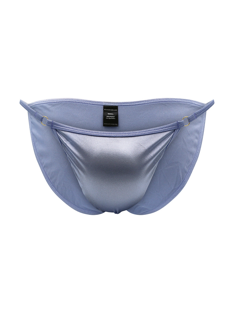 Front view of a periwinkle blue satin bikini brief against a white background.