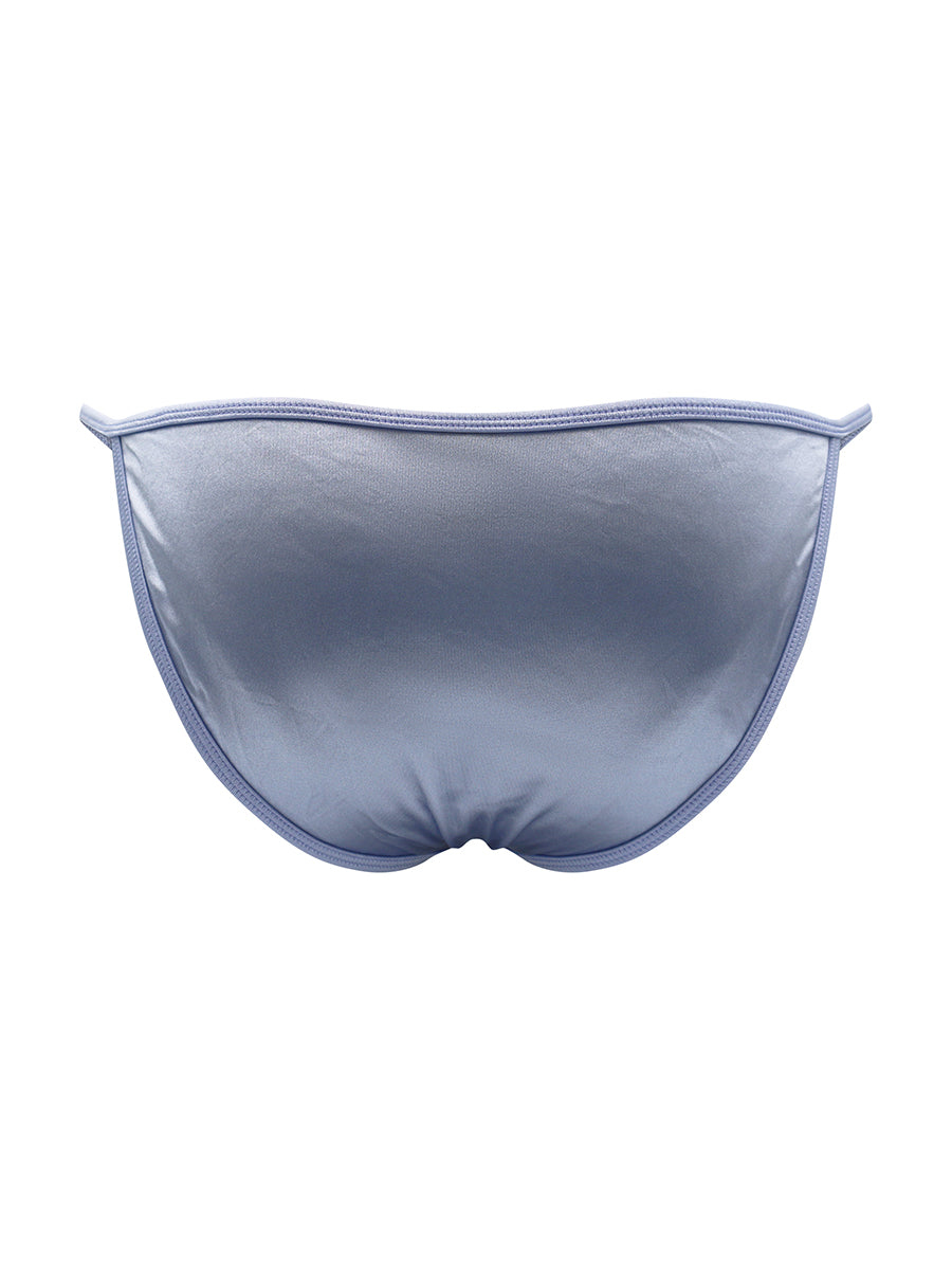 Rear view of a periwinkle blue satin bikini brief against a white background.