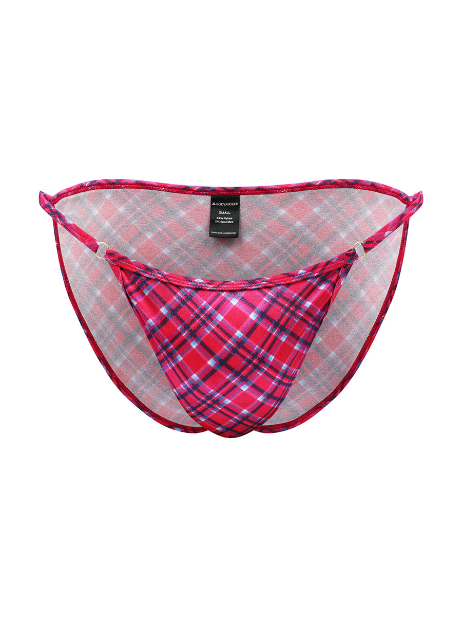 A red plaid satin bikini brief against a white background.