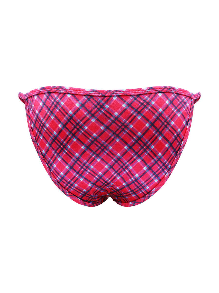 Back view of a red plaid satin bikini brief against a white background.