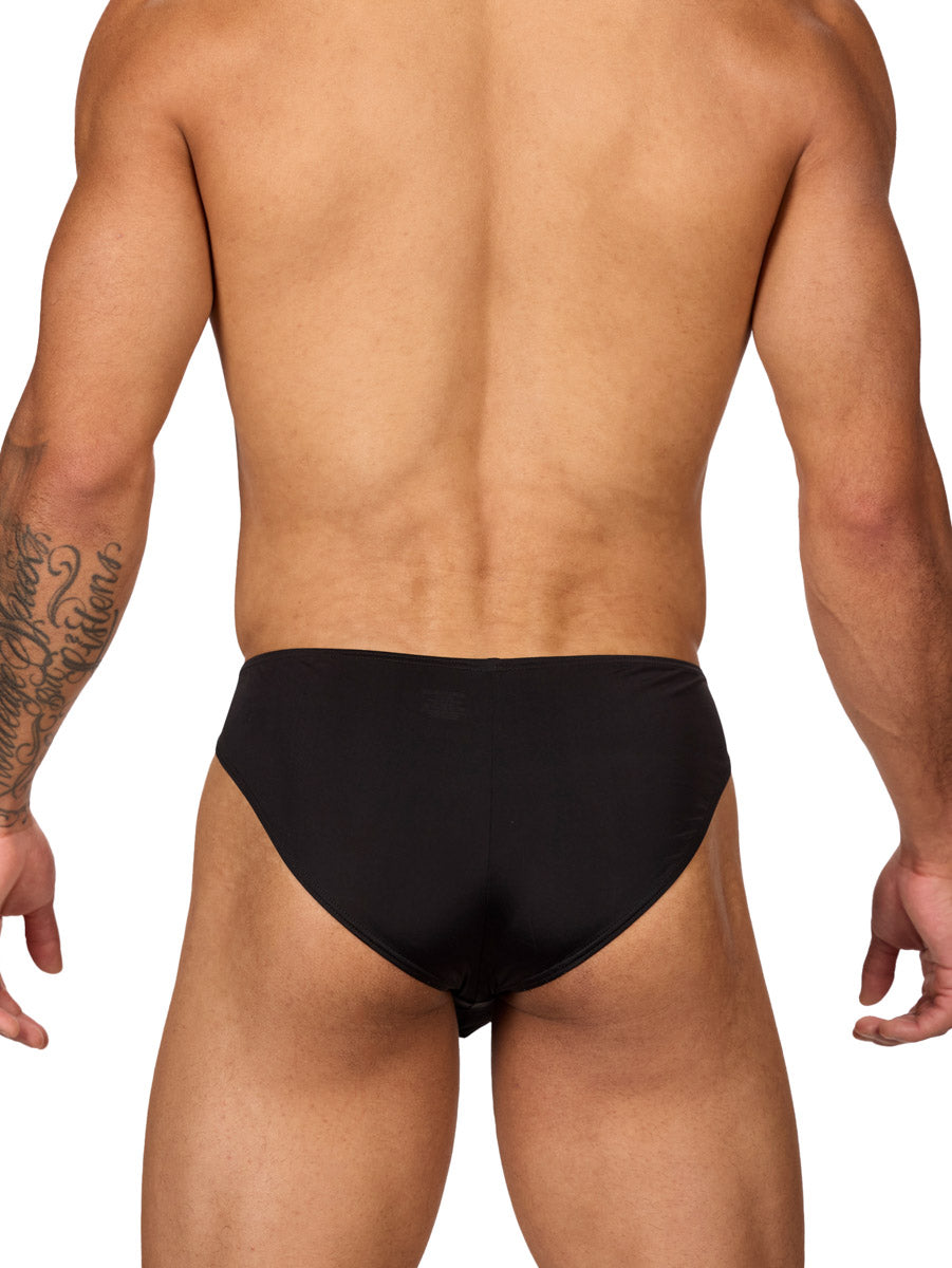 Back view of a muscular male model wearing black Body Aware briefs