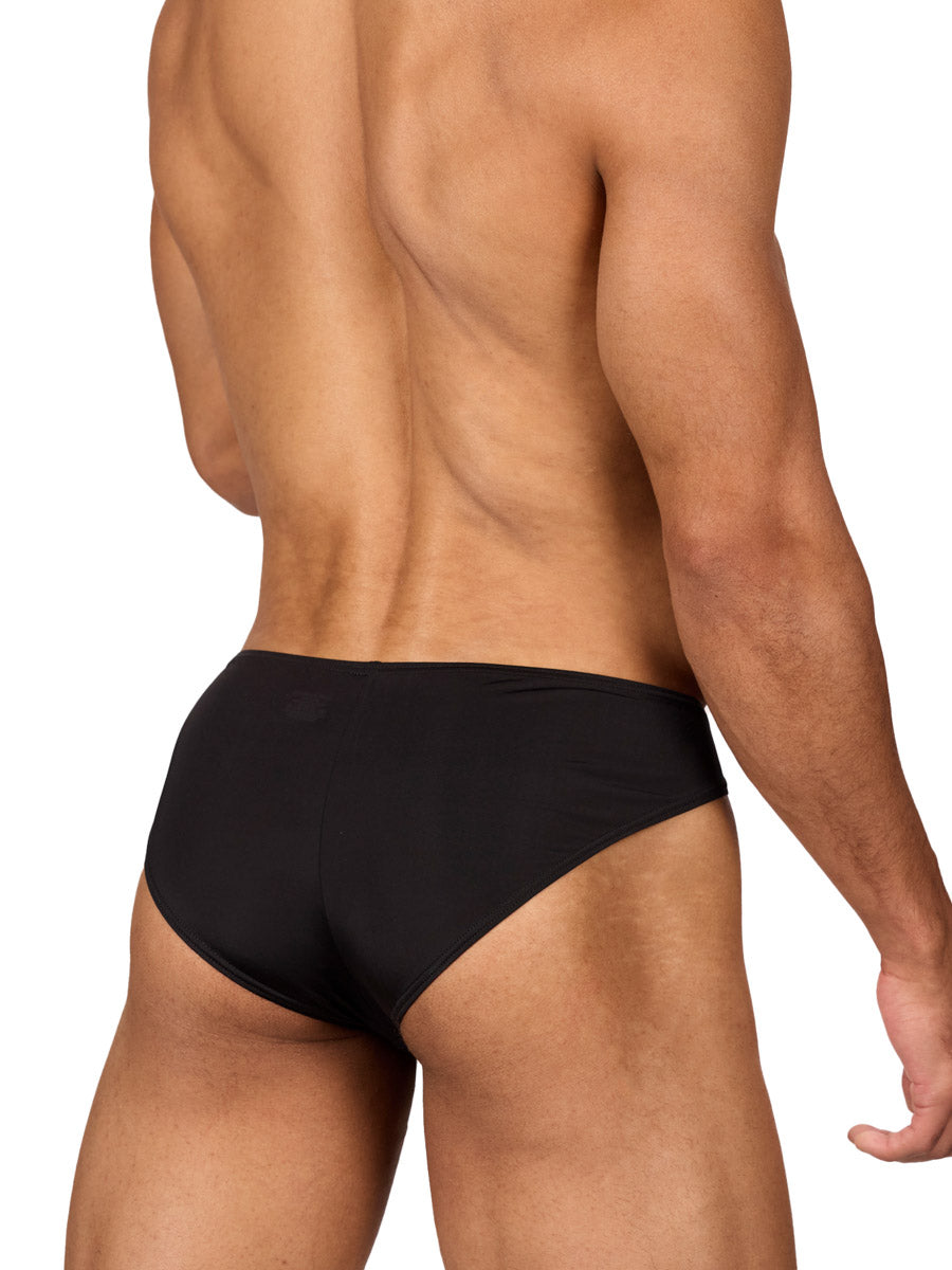 Back view of a muscular male model wearing black Body Aware briefs