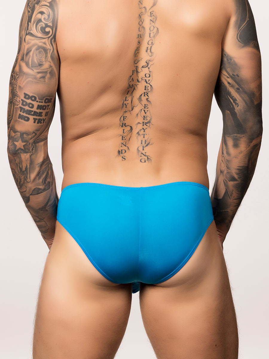 Back view of a man wearing bright blue Body Aware glow shaper brief