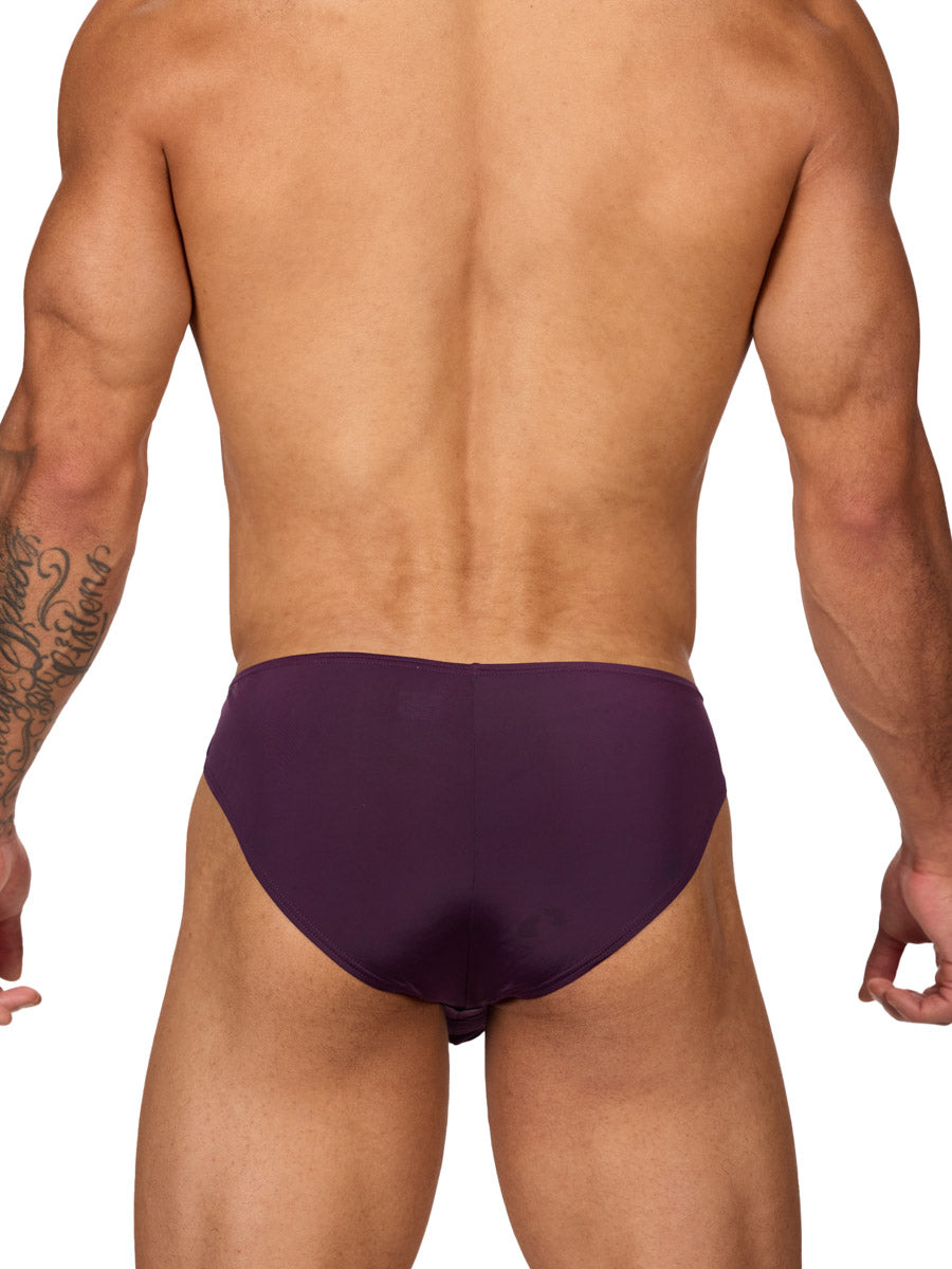 Back view of a muscular male model wearing purple Body Aware briefs