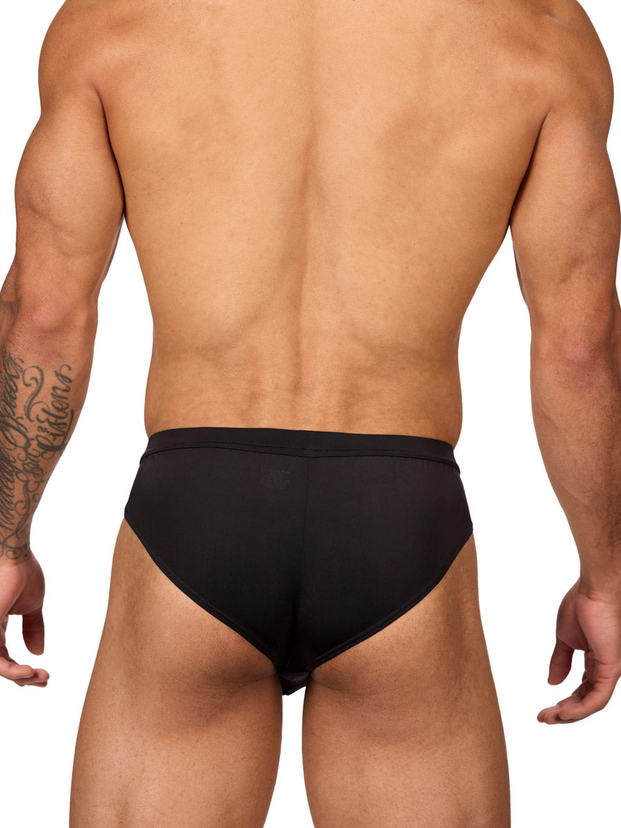 Back view of a muscular male model wearing black Body Aware briefs with matching waistband