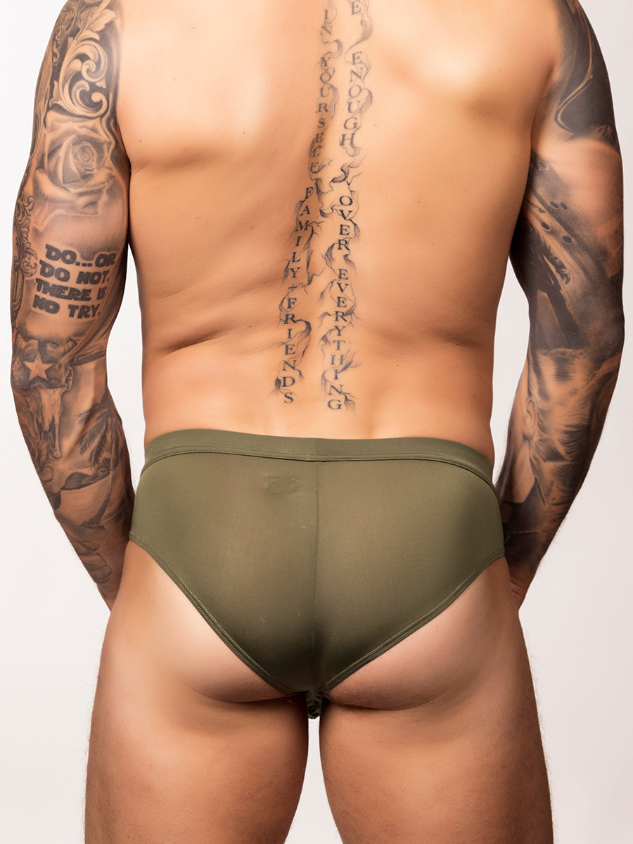 back view of a man wearing an olive green body aware glow thrust brief