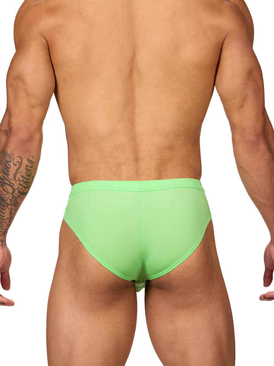 Rear view of a male model wearing a bright lime green men's brief with a contoured front pouch