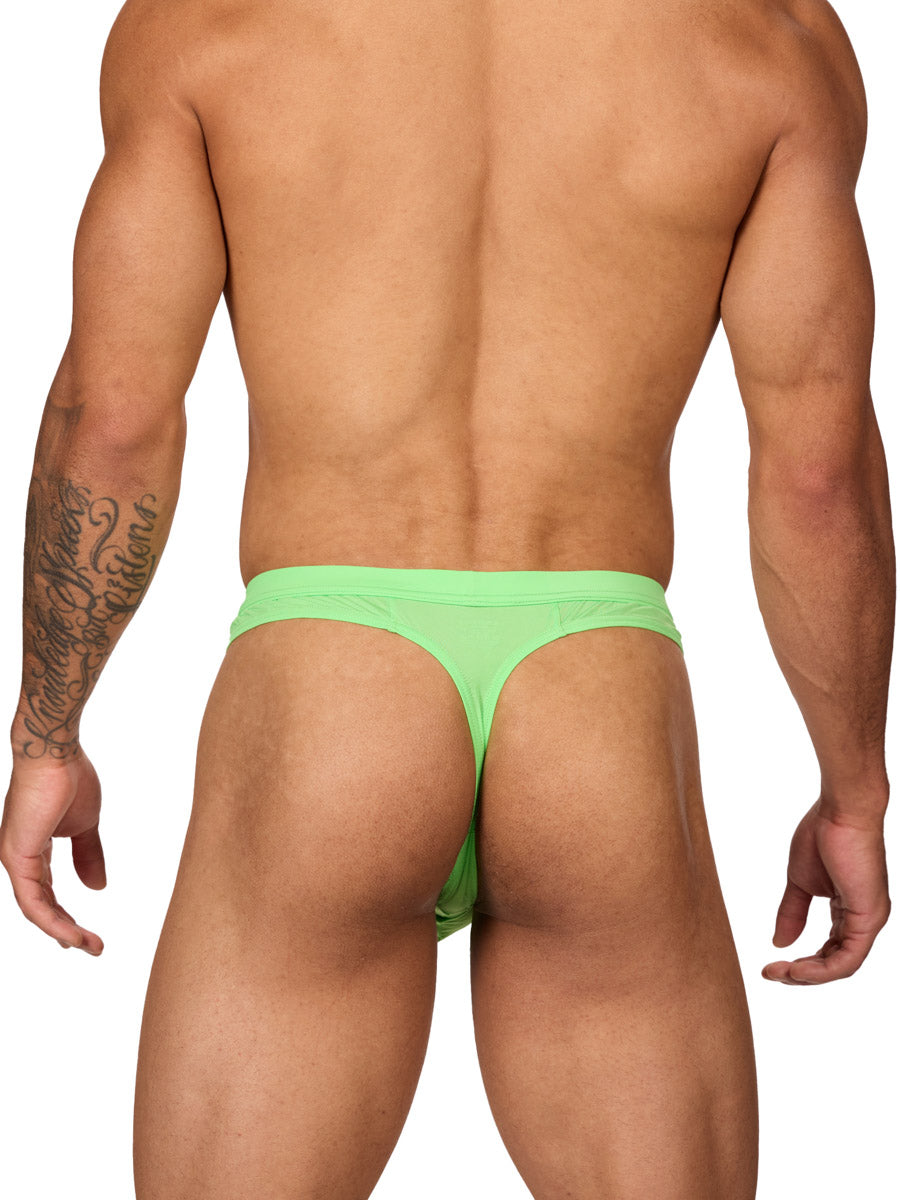 Rear view of a male model wearing a bright lime green men's thong with a contoured front pouch