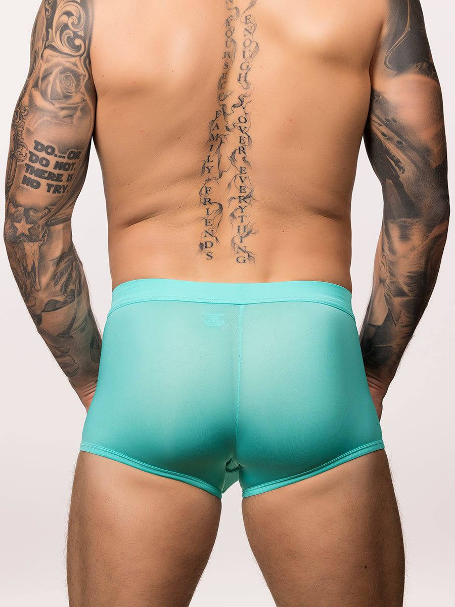 Back view of a man wearing a light aqua Body Aware glow uplift boxer