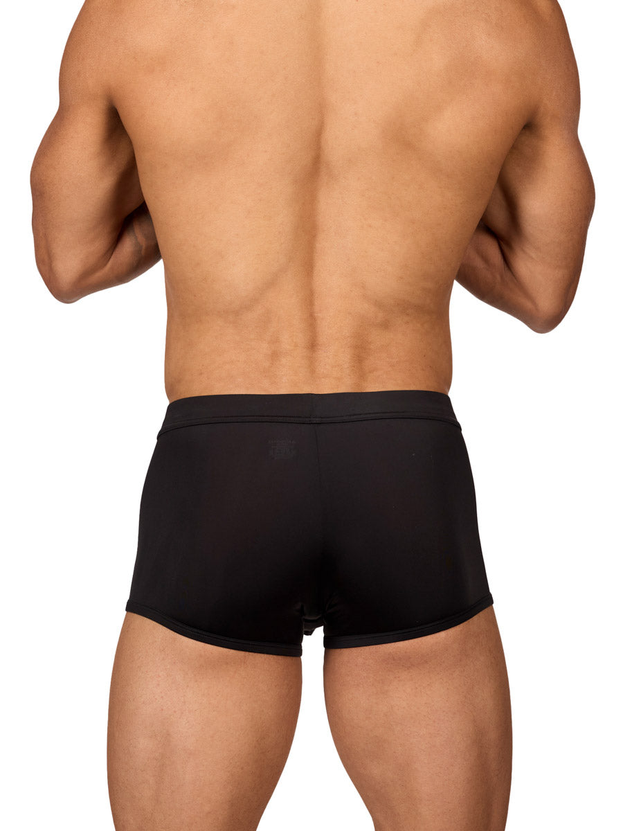 Rear view of a muscular male model wearing black Body Aware boxer shorts