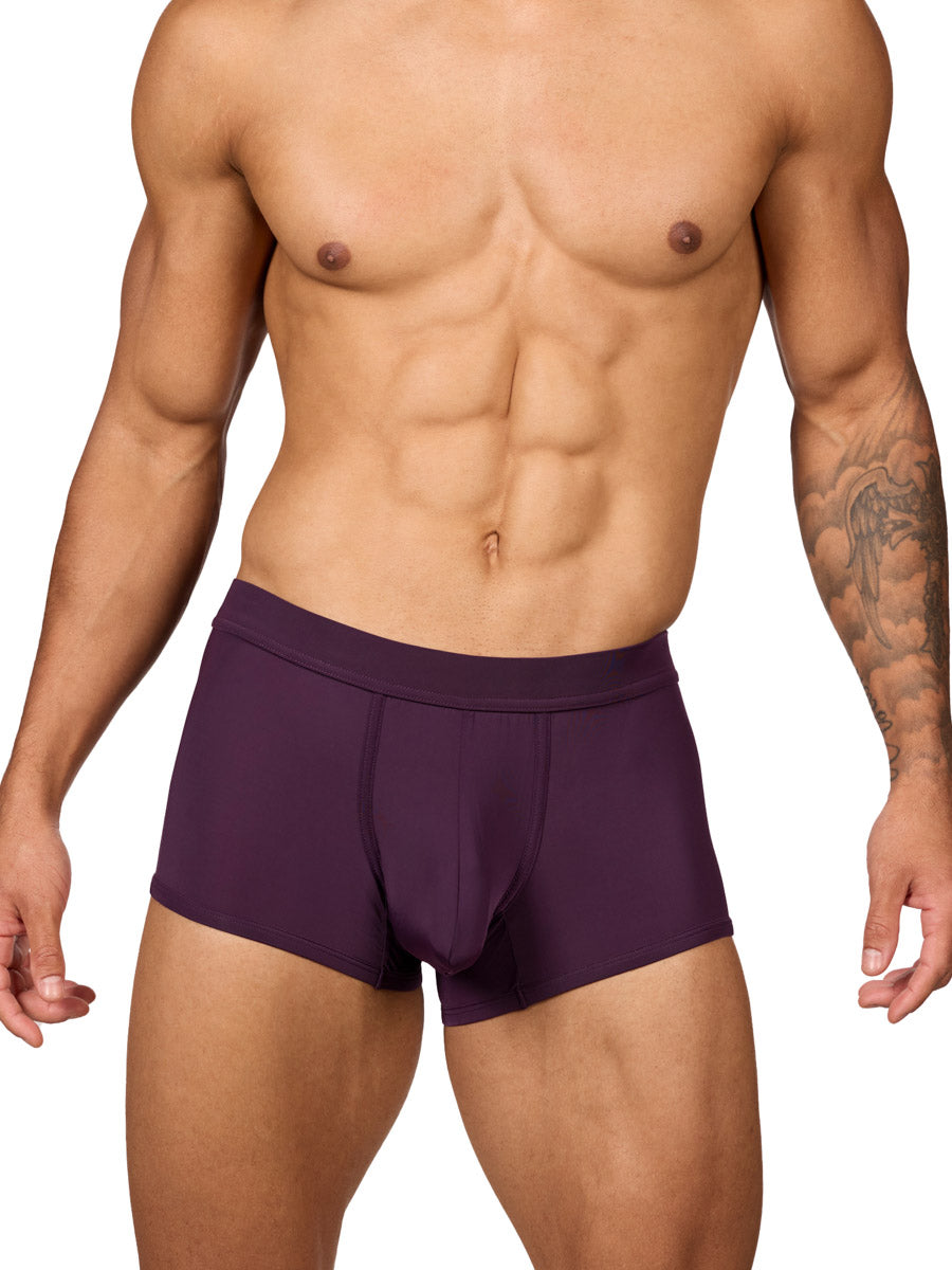 Front view of a muscular male model wearing purple Body Aware boxer shorts