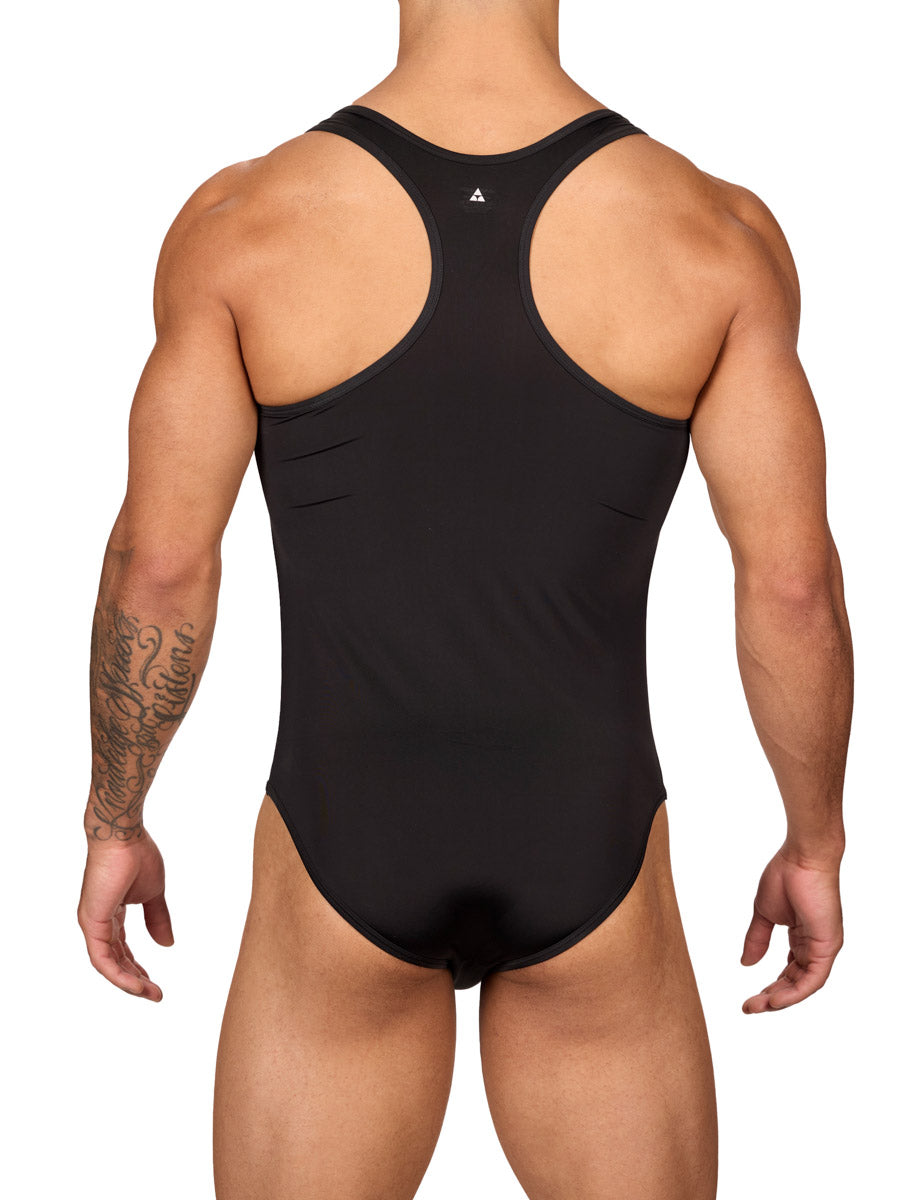 Rear view of a muscular male model wearing a black Body Aware brief bodysuit