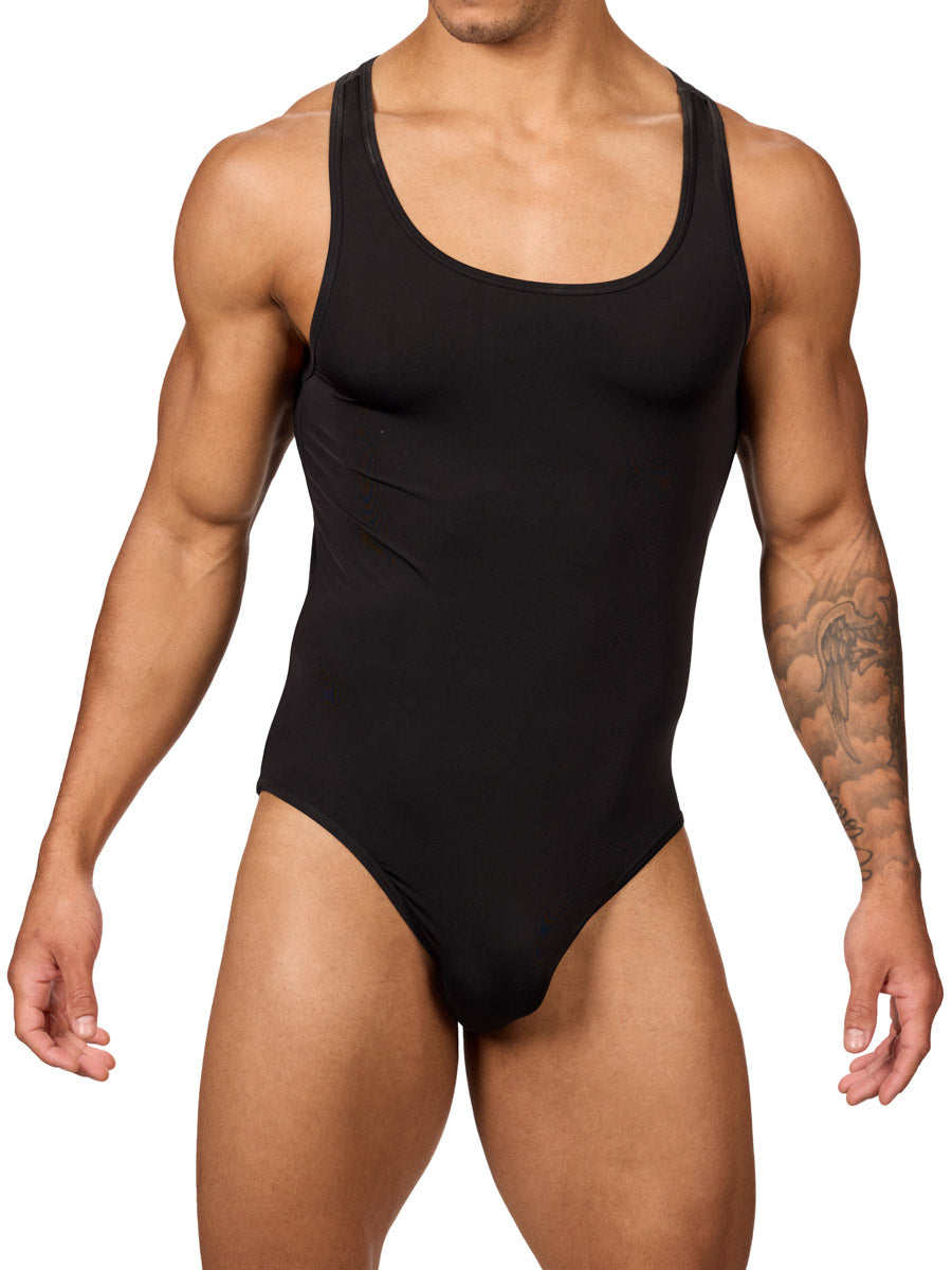 Front view of a muscular male model wearing a black Body Aware brief bodysuit