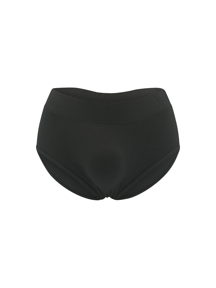 Front view of black underwear briefs on a white background.