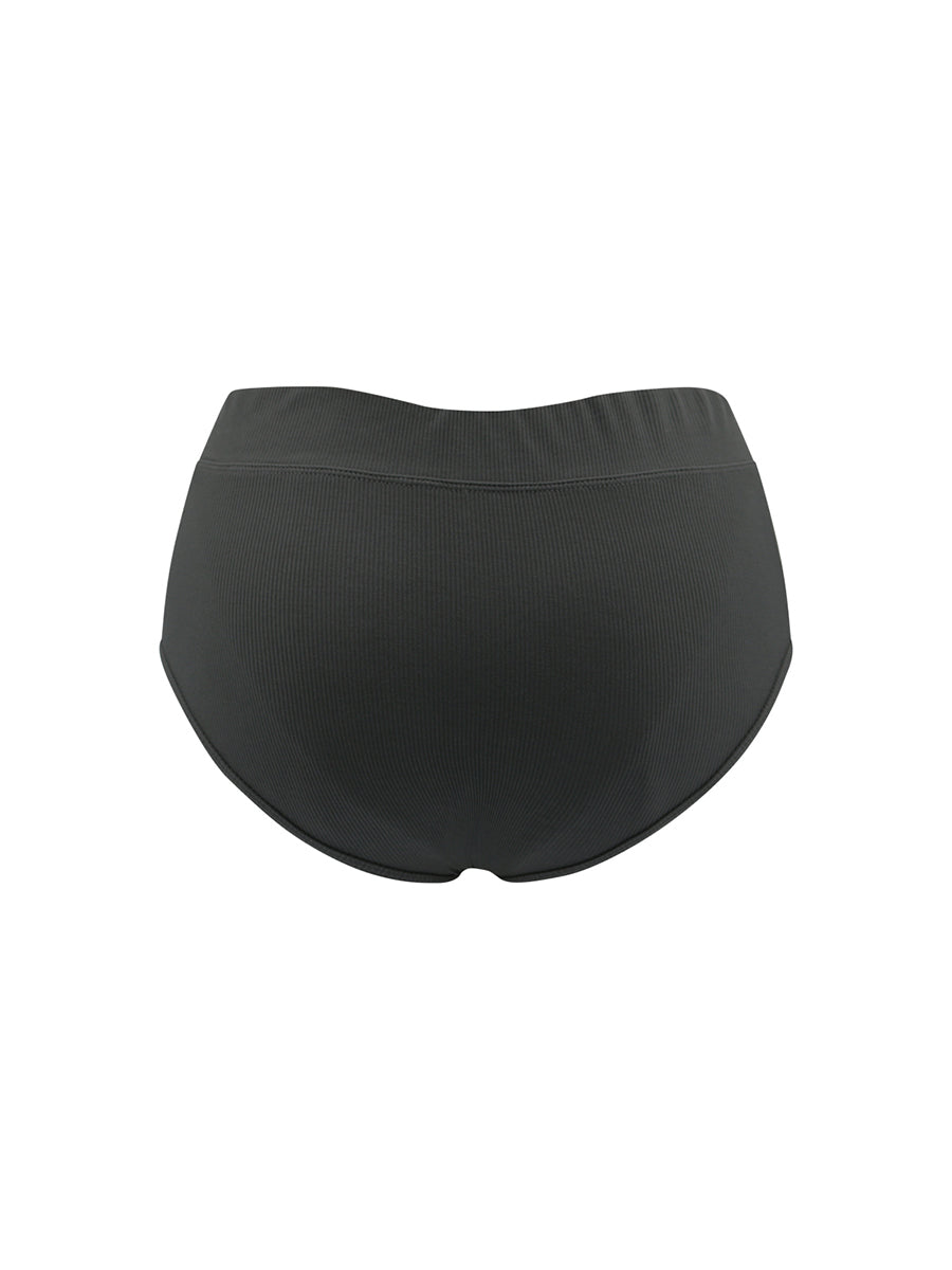 Rear view of black underwear briefs on a white background.
