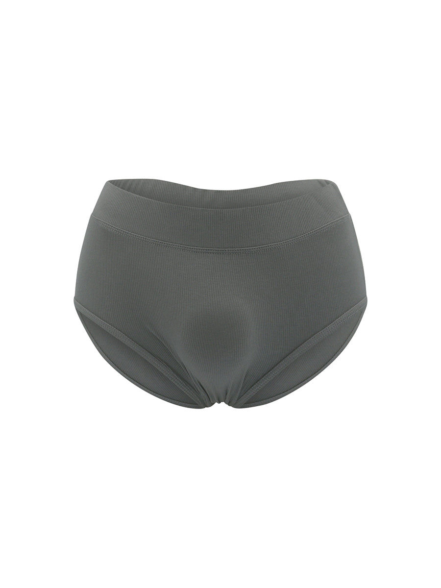 Front view of dark grey ribbed briefs on a white background.