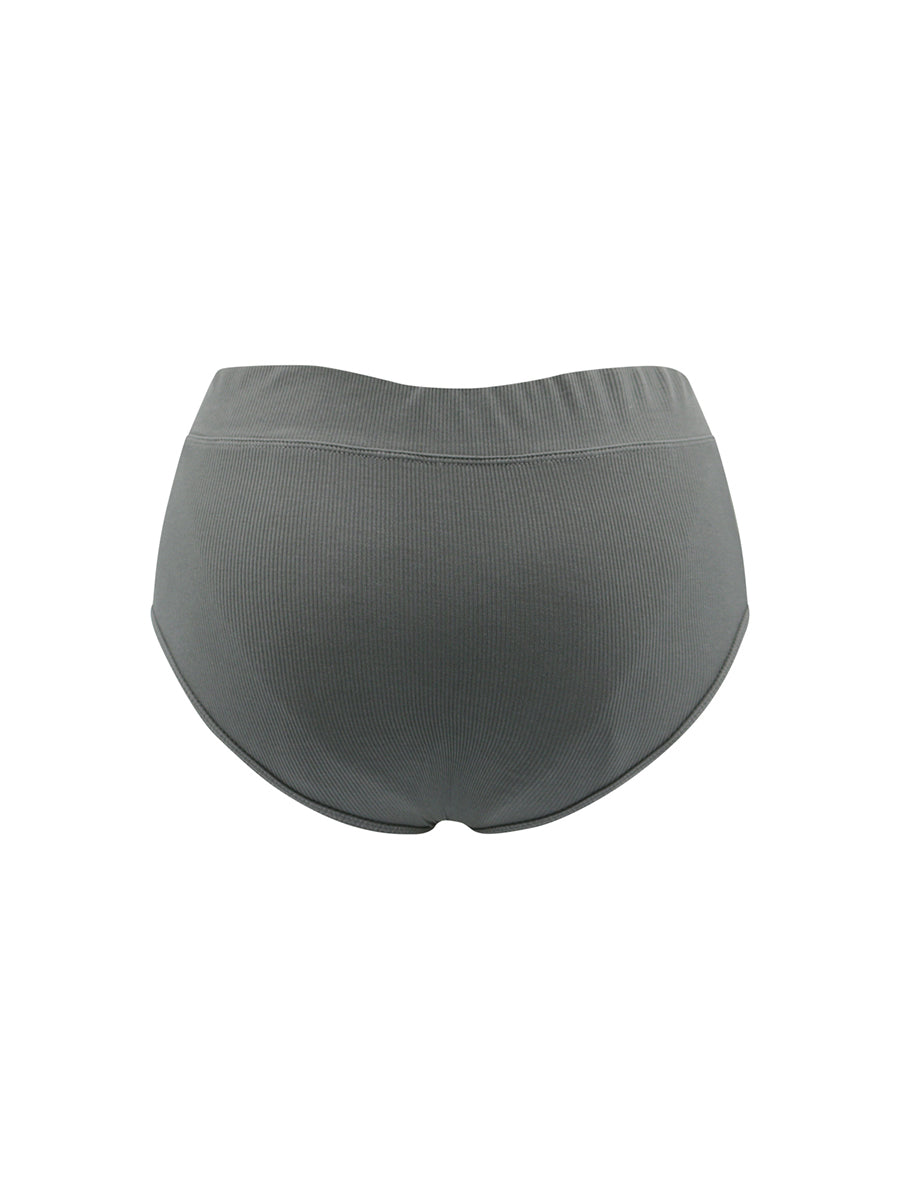 Back view of dark grey ribbed briefs on a white background.