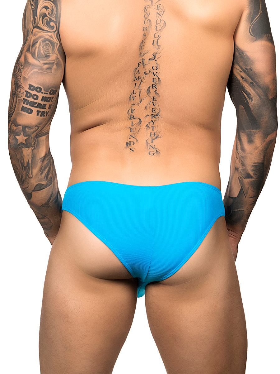 Back view of a male model wearing turquoise Body Aware briefs