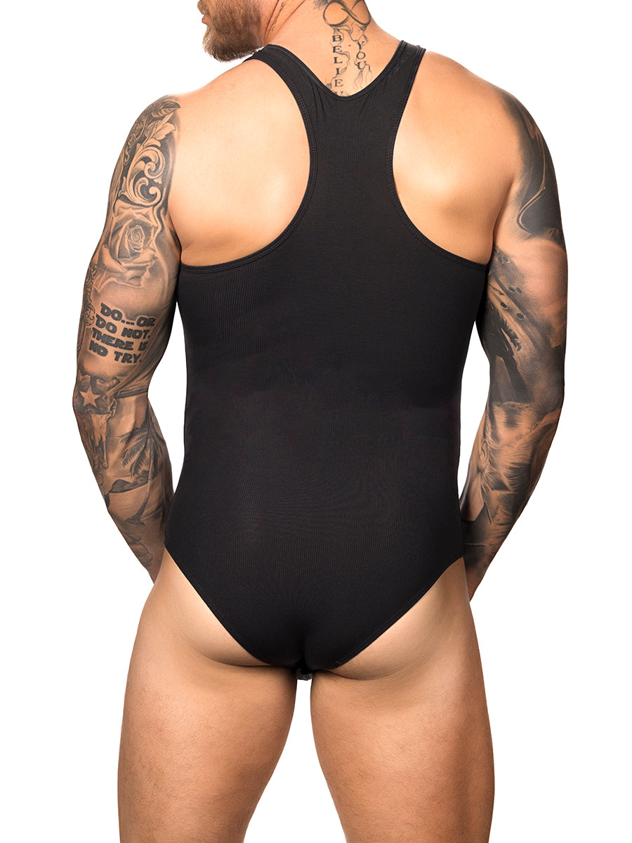 Back view of a male model wearing a black Body Aware tank style bodysuit with brief back