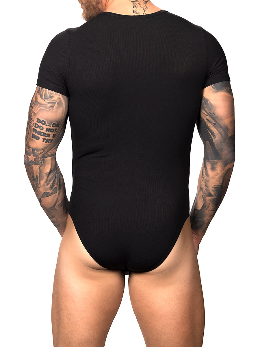 Back view of a male model wearing a black Body Aware t-shirt style bodysuit with brief back