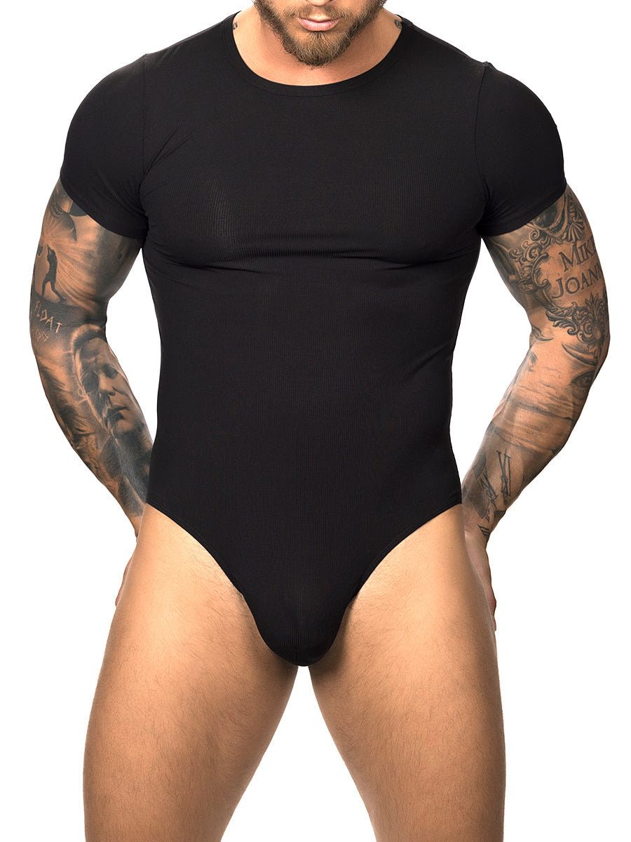 Front view of a male model wearing a black Body Aware t-shirt style bodysuit with brief back