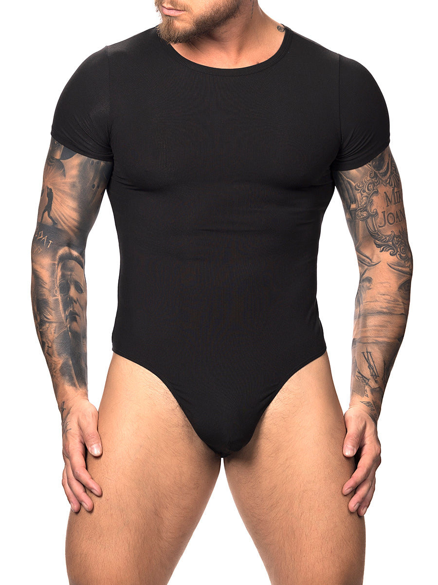 Front view of a male model wearing a black Body Aware t-shirt style bodysuit with thong back