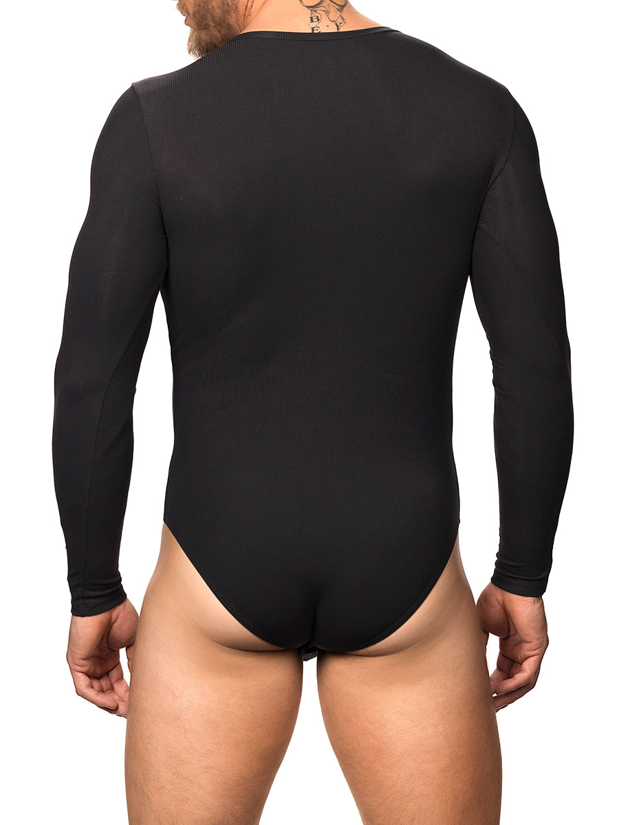 Back view of a male model wearing a black Body Aware long-sleeve bodysuit with brief back