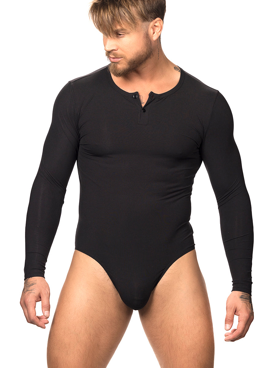 Front view of a male model wearing a black Body Aware long-sleeve bodysuit with brief back