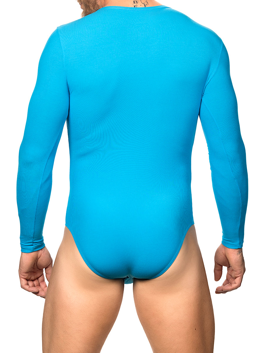 Back view of a male model wearing a turquoise Body Aware long-sleeve bodysuit with brief back