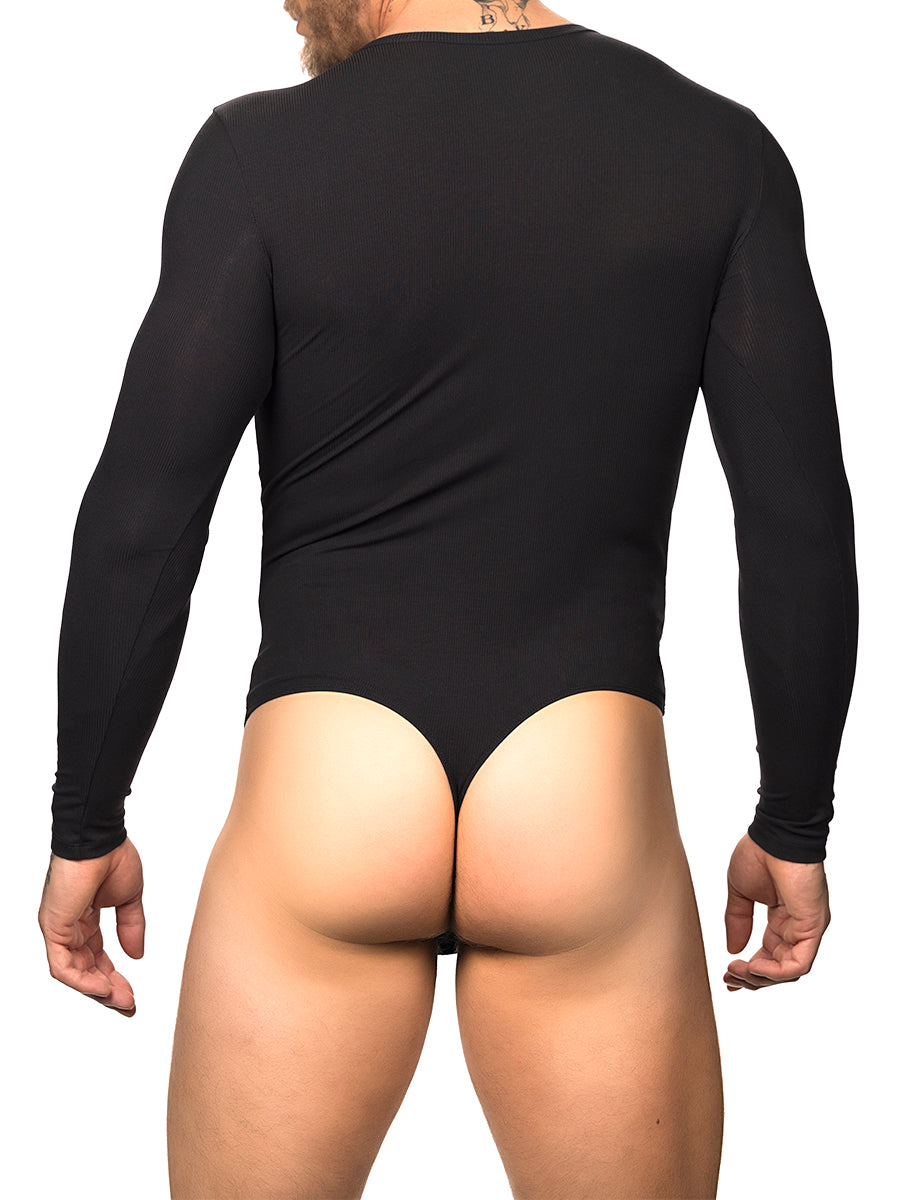 Back view of a male model wearing a black Body Aware long-sleeve bodysuit with thong back