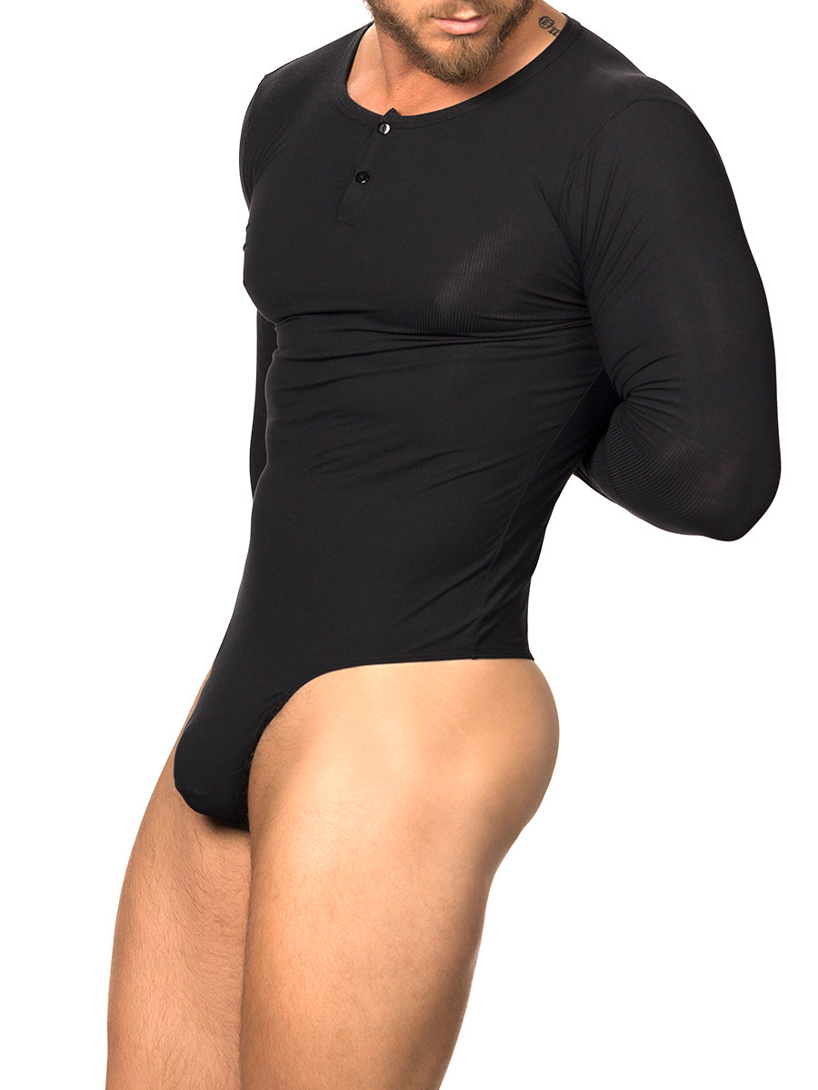 Side view of a male model wearing a black Body Aware long-sleeve bodysuit with thong back