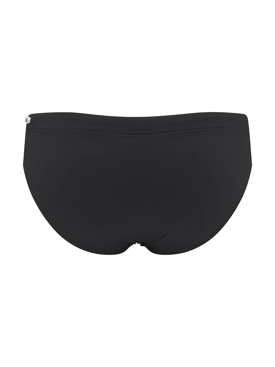 Back view of a pair of Body Aware black mens swim briefs.