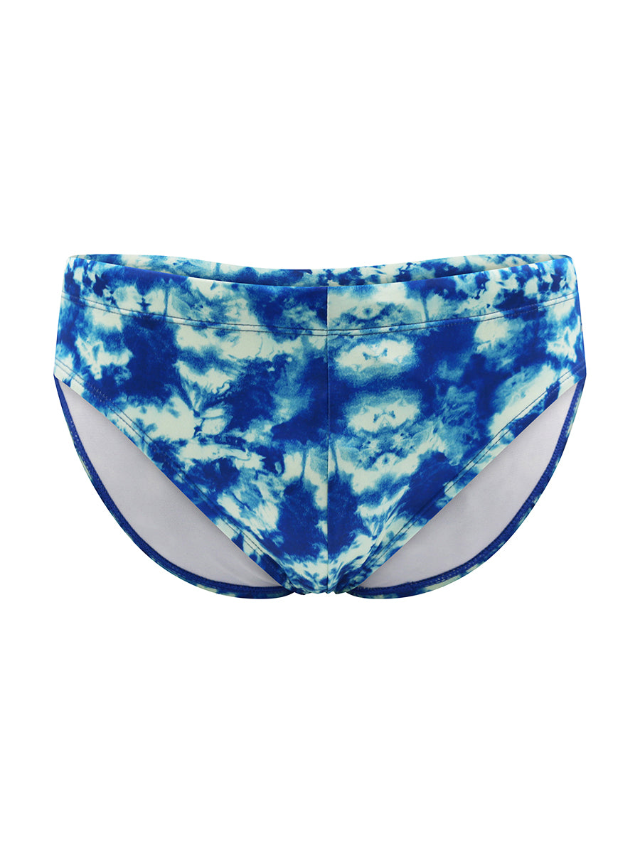 Front view of a pair of blue and white tie dye mens swim briefs.
