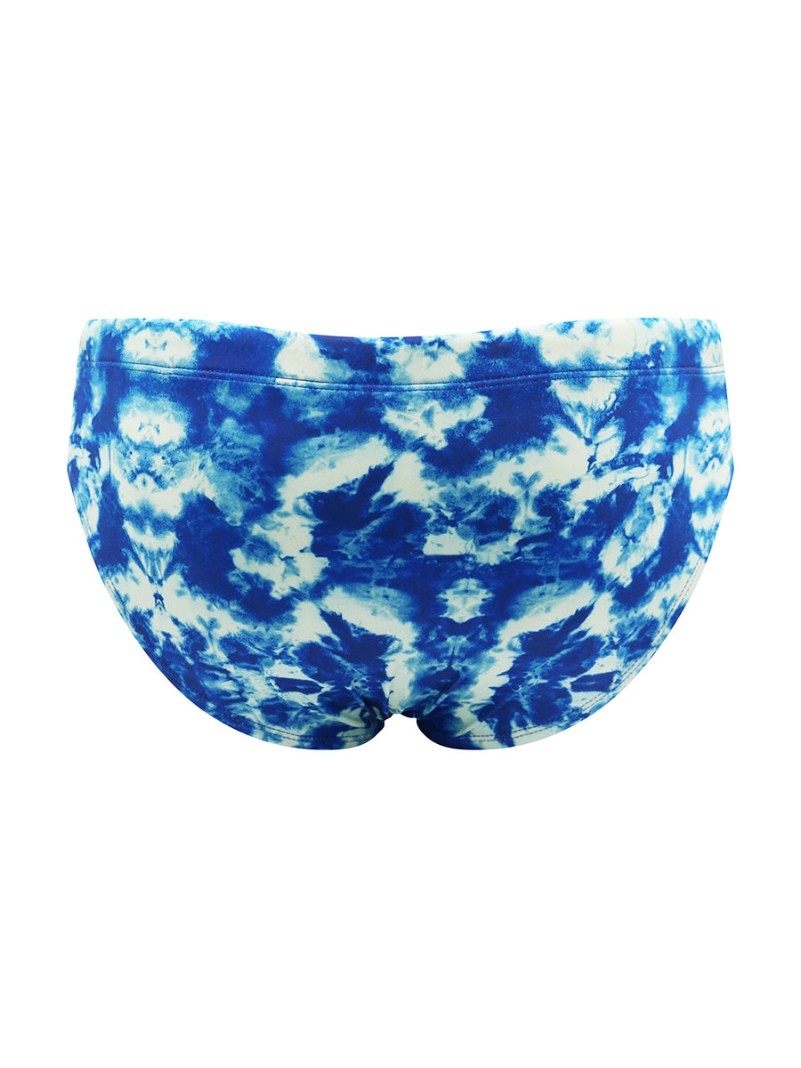 Back view of a pair of blue and white tie dye mens swim briefs.