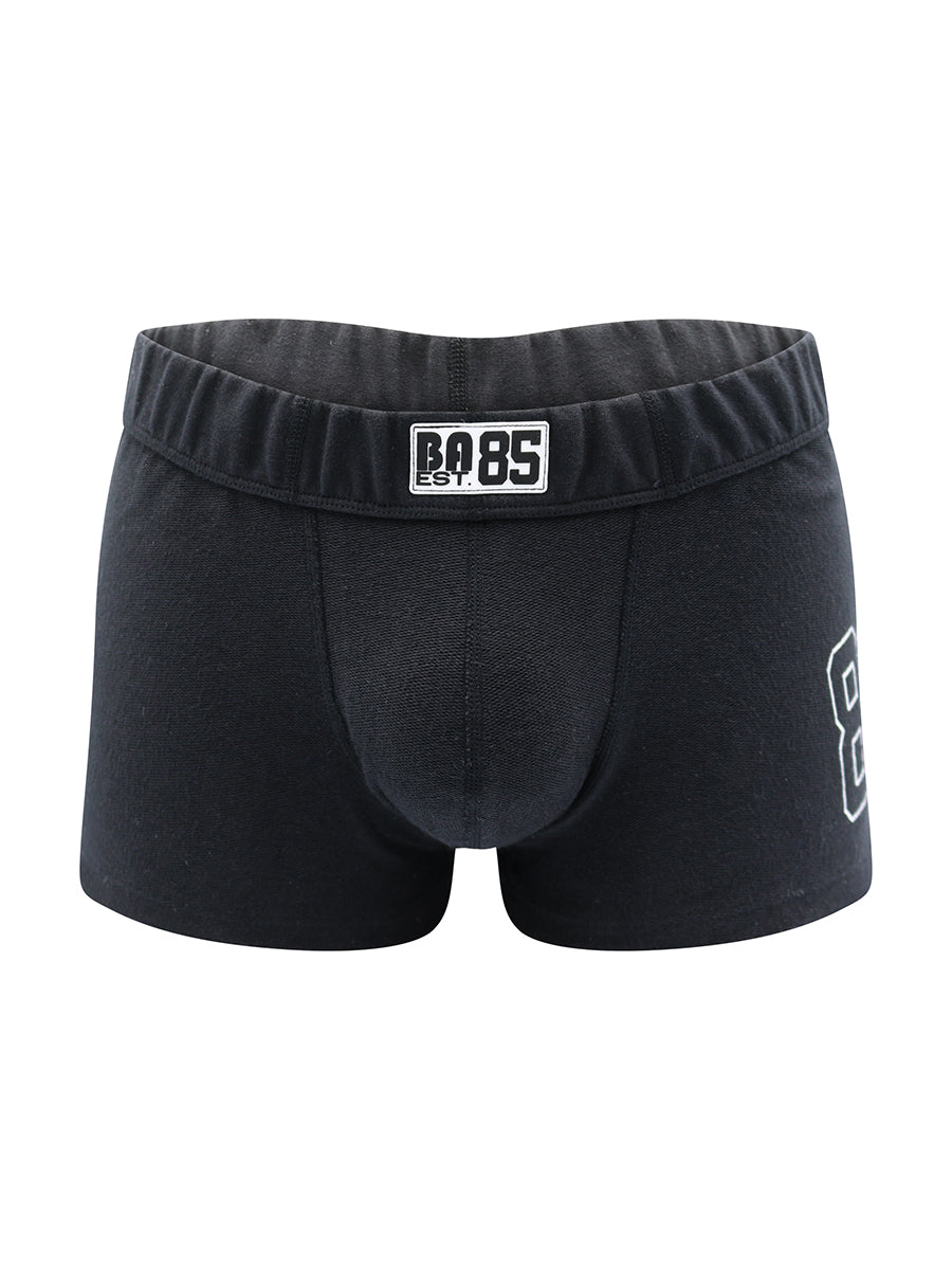 Black boxer shorts with a Body Aware branded waistband on a white background.