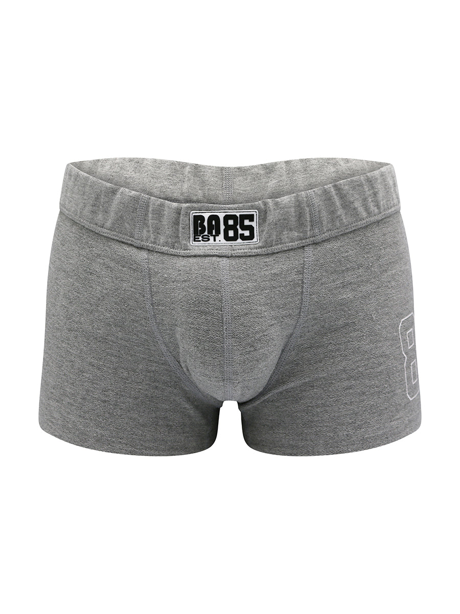 Grey boxer shorts with a Body Aware branded waistband on a white background.