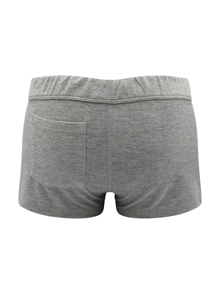 Back view of grey boxer shorts with back pocket on a white background.
