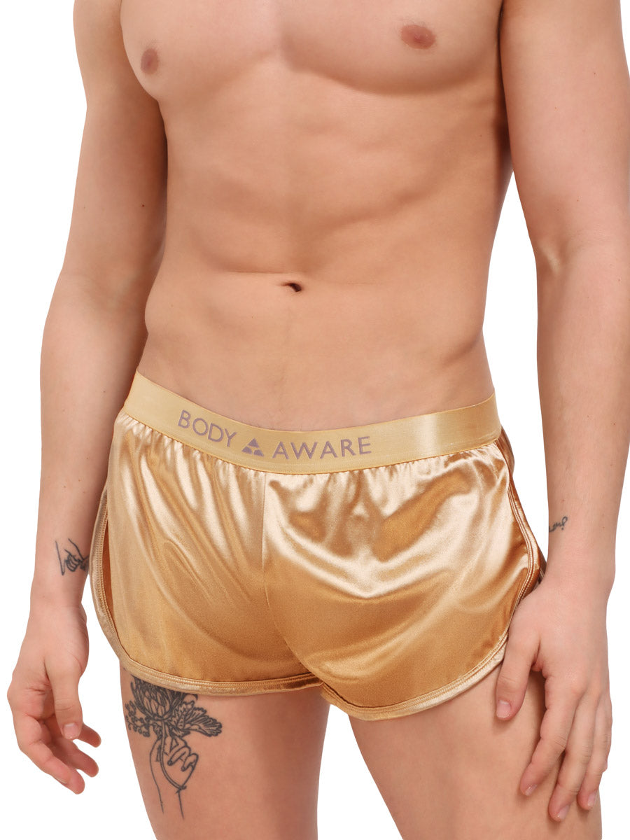 men's gold satin track shorts - Body Aware