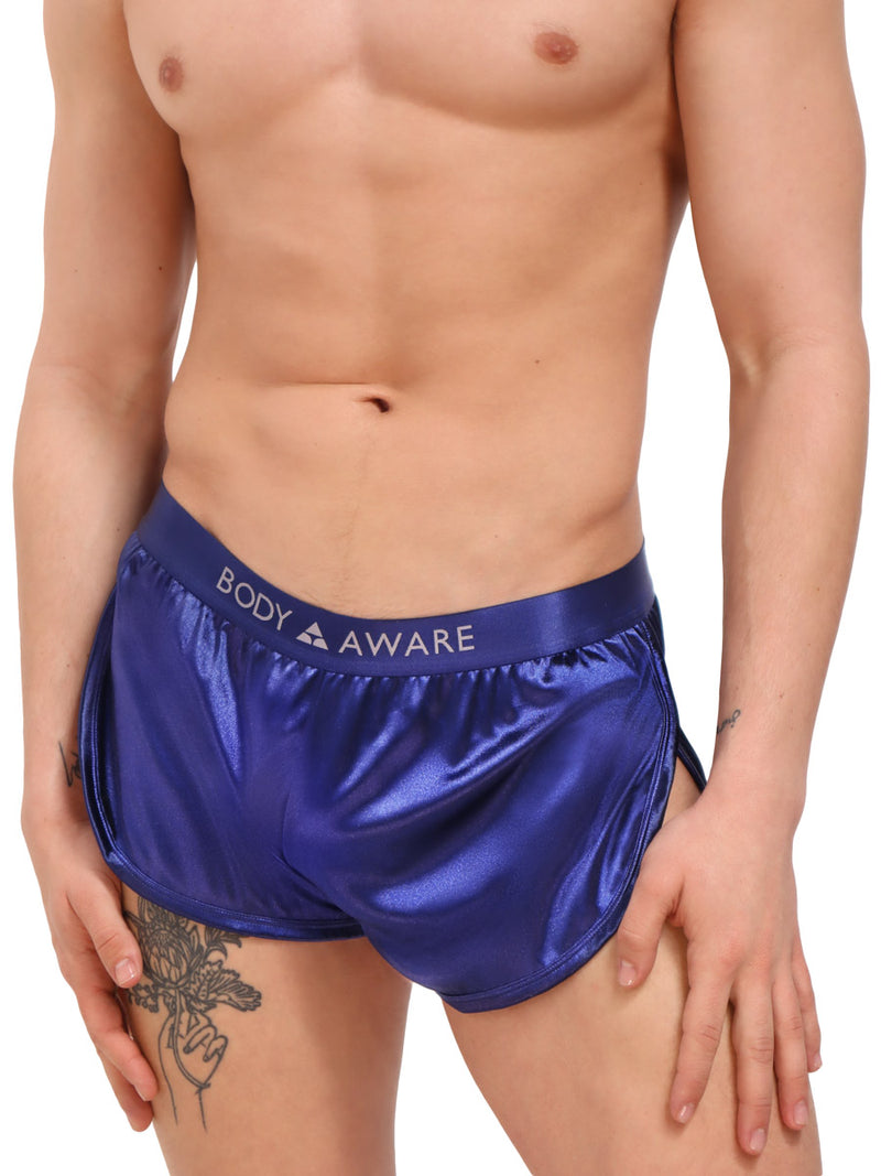 Men's Navy Blue Satin Track Short-Satin Sportswear For Men- Body Aware