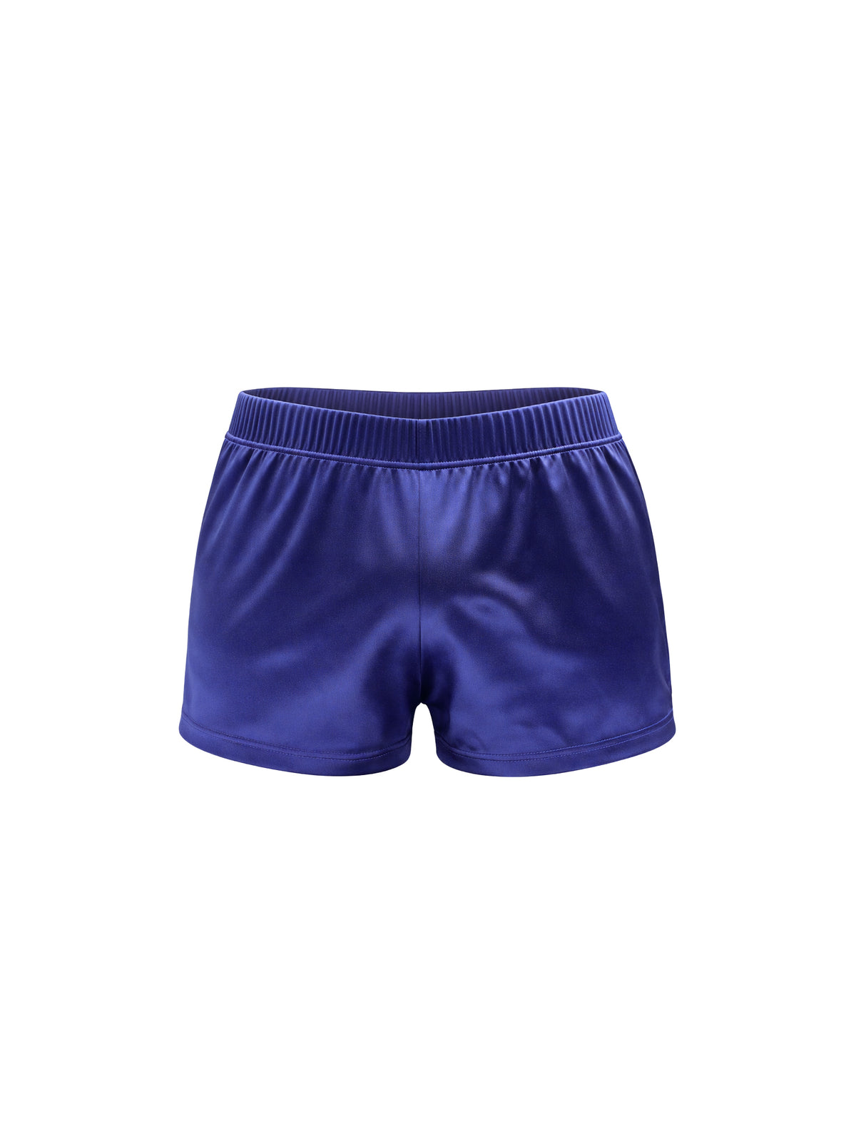 A pair of navy blue satin shorts, shown against a plain white background.