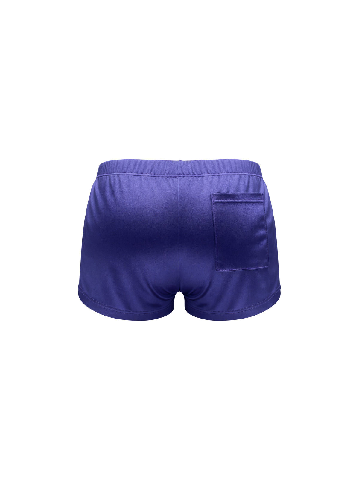 A pair of navy blue satin shorts, set against a plain white background.