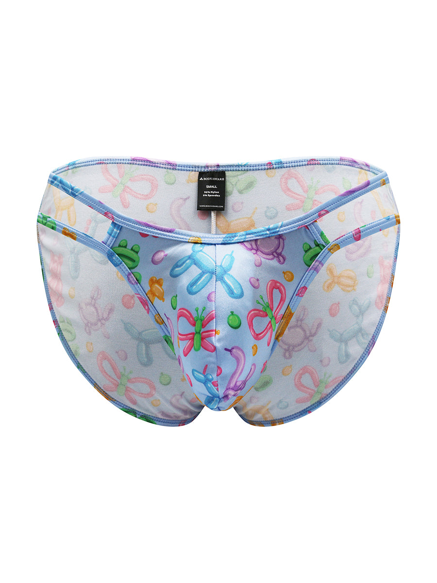 A light blue satin bikini brief for men on a white background