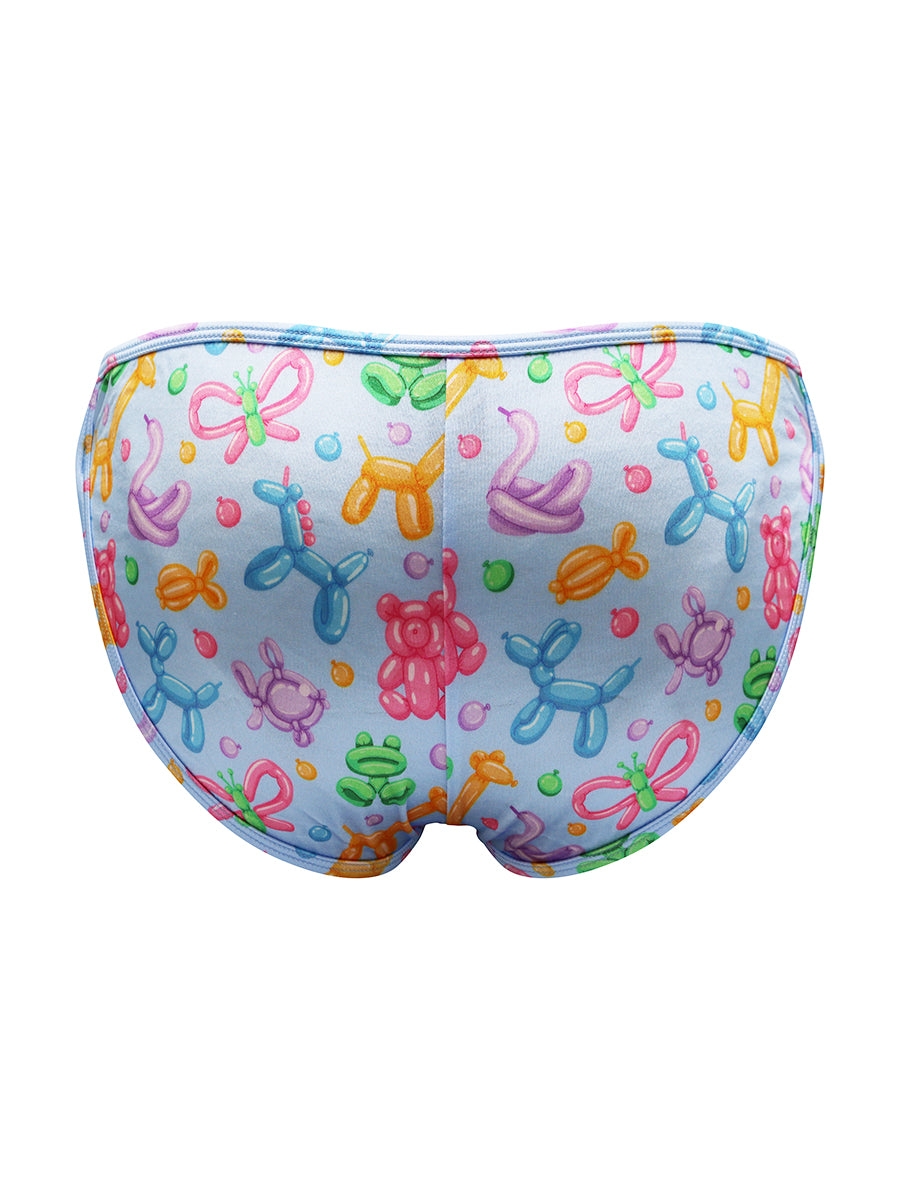Rear view of a light blue satin bikini brief for men on a white background