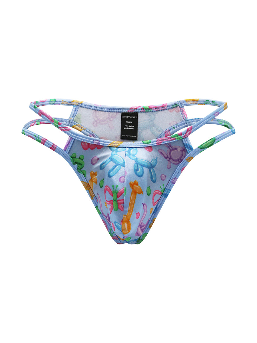 Front view of a light blue satin men's thong on a white background.