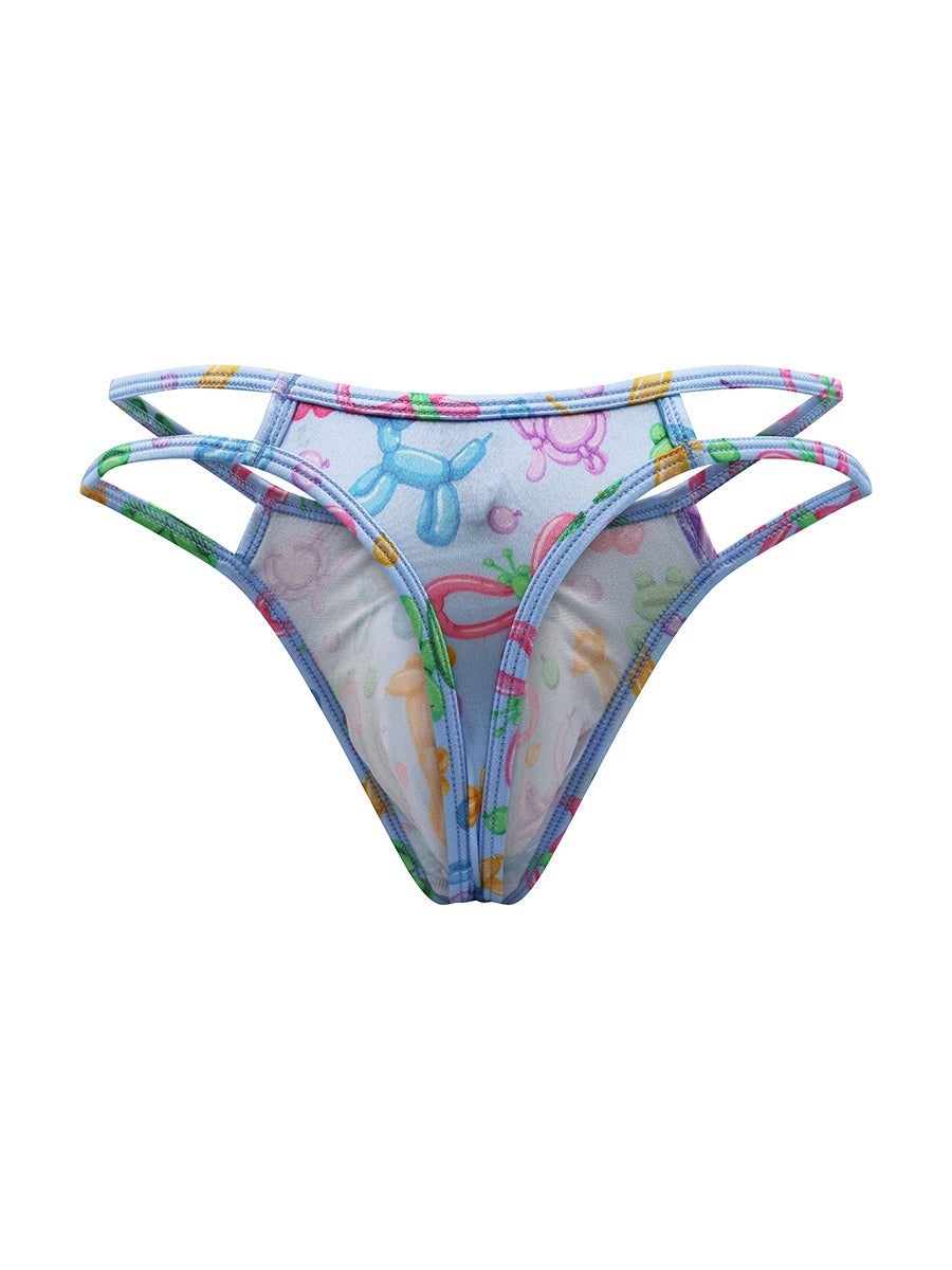 Rear view of a light blue satin men's thong on a white background.