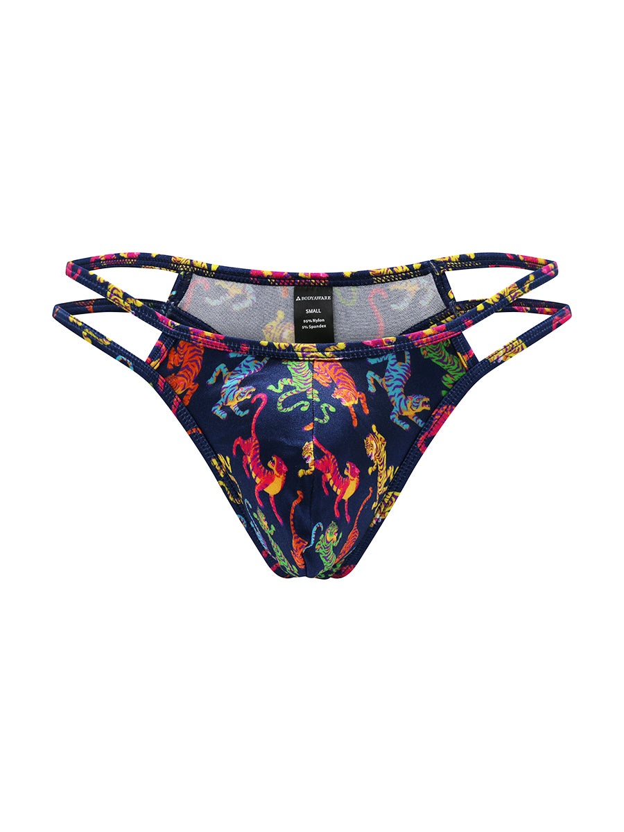 Front view of a navy blue satin men's thong on a white background.