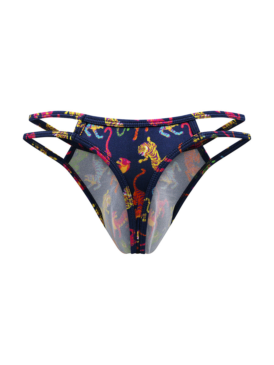 Rear view of a navy blue satin men's thong on a white background.