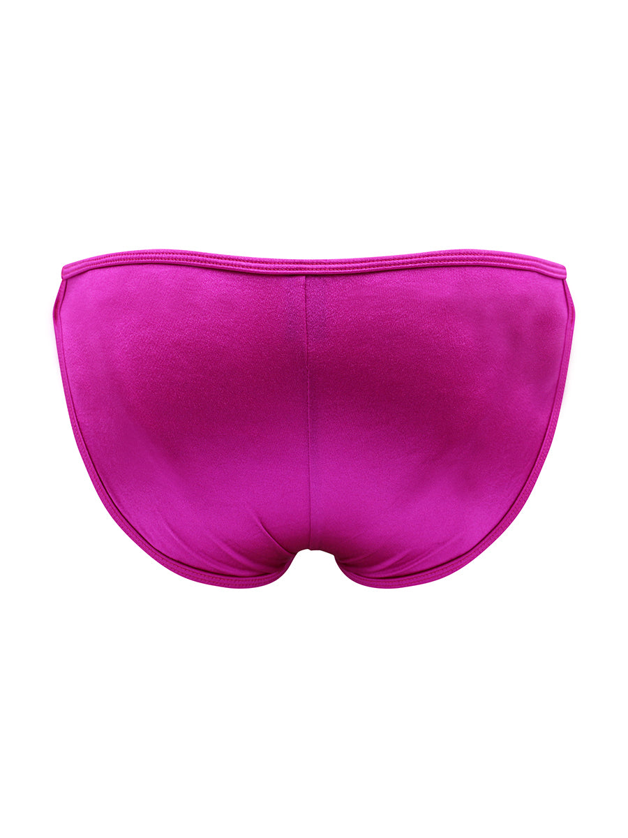 Back view of a pink men's satin bikini brief on a white background.
