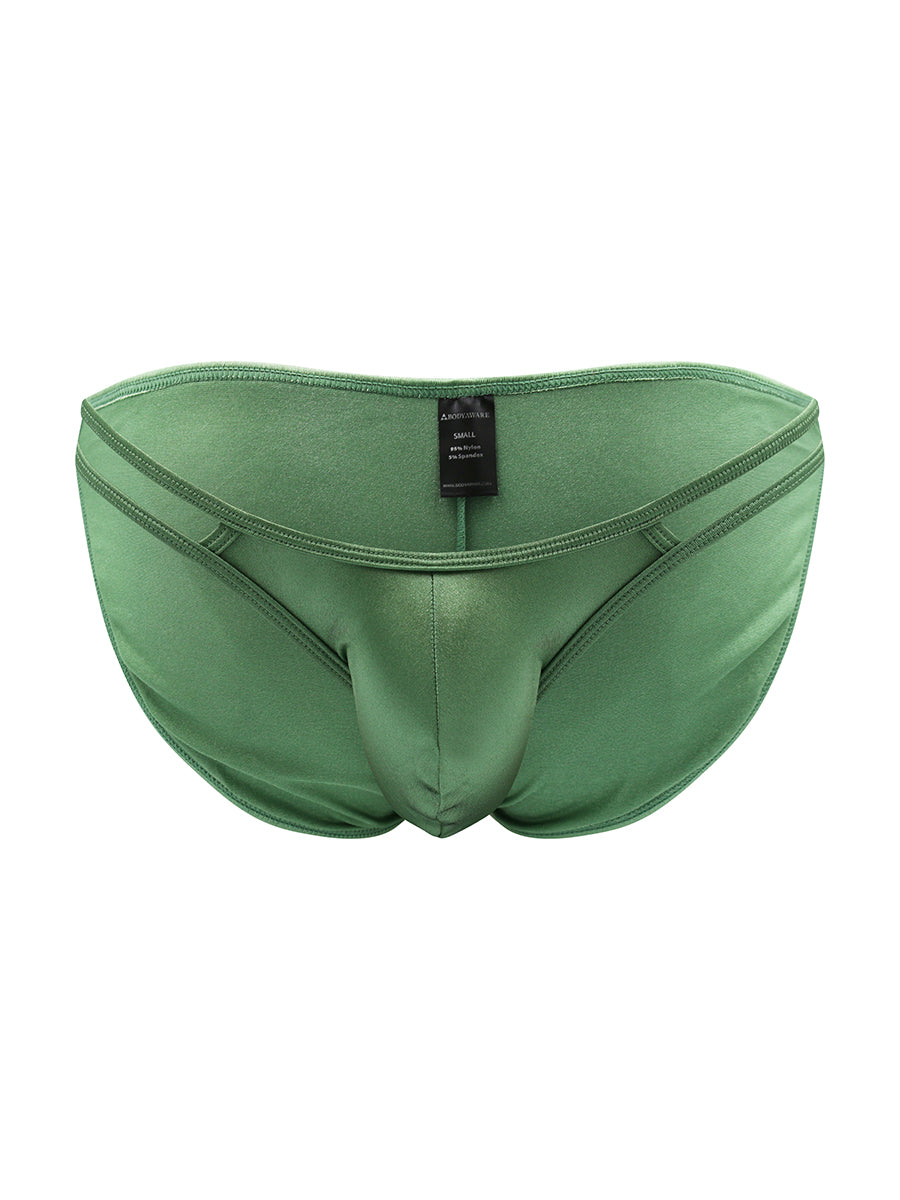 Front view of a green men's satin bikini brief on a white background.